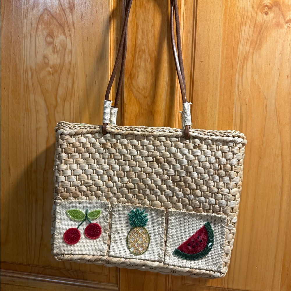 Woven Straw Tote Bag with Fruit Embroidery